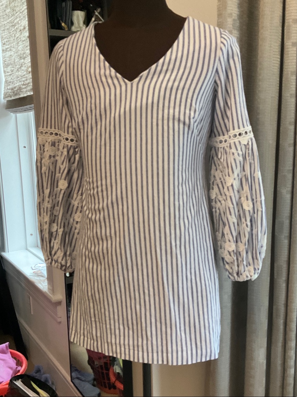 Ralph Lauren Blue and White Striped V-Neck Mini Dress with Lace Balloon Sleeves